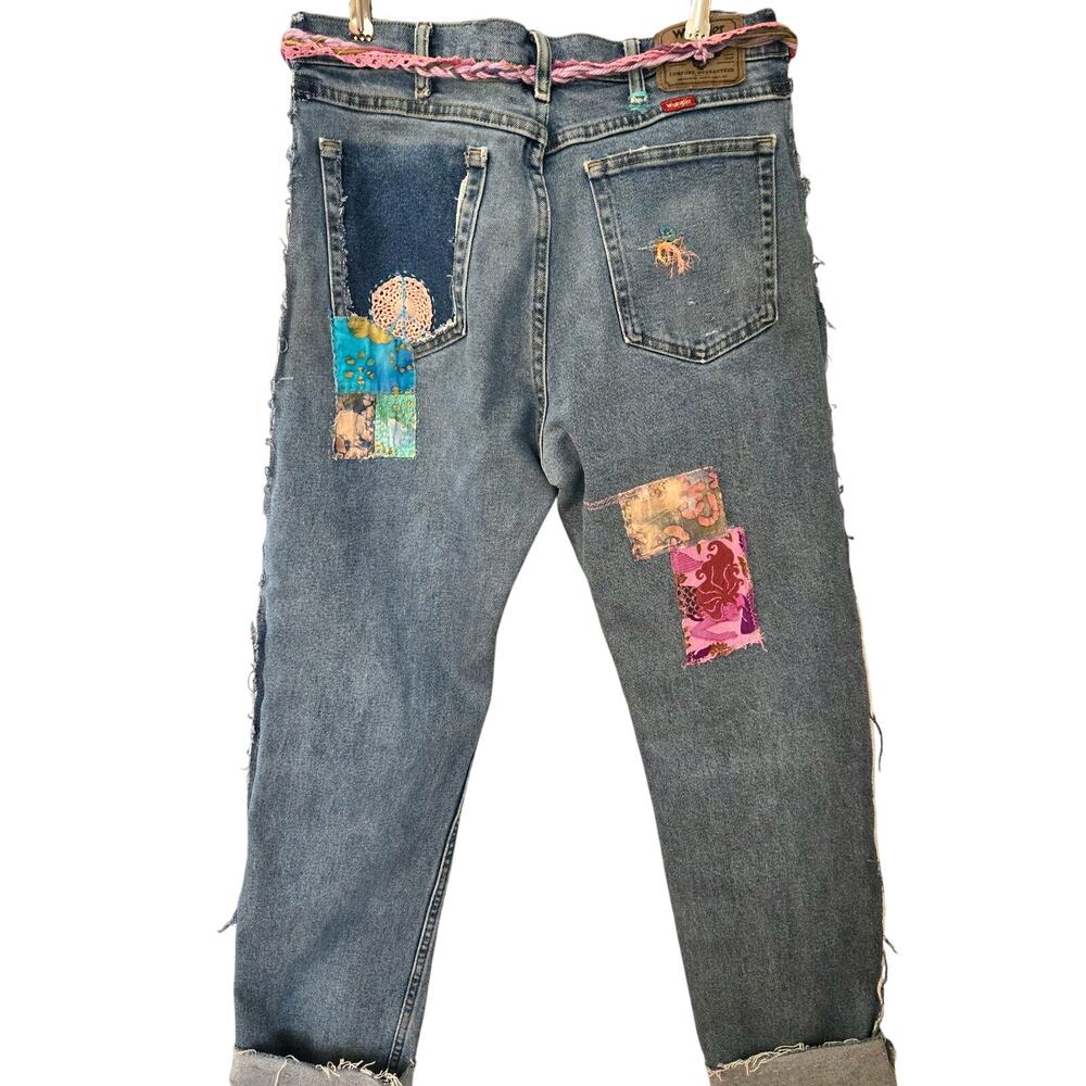 Upcycled One of a kind Distressed Patched Vintage lace Boyfriend Jeans Size 32 - Picture 3 of 10